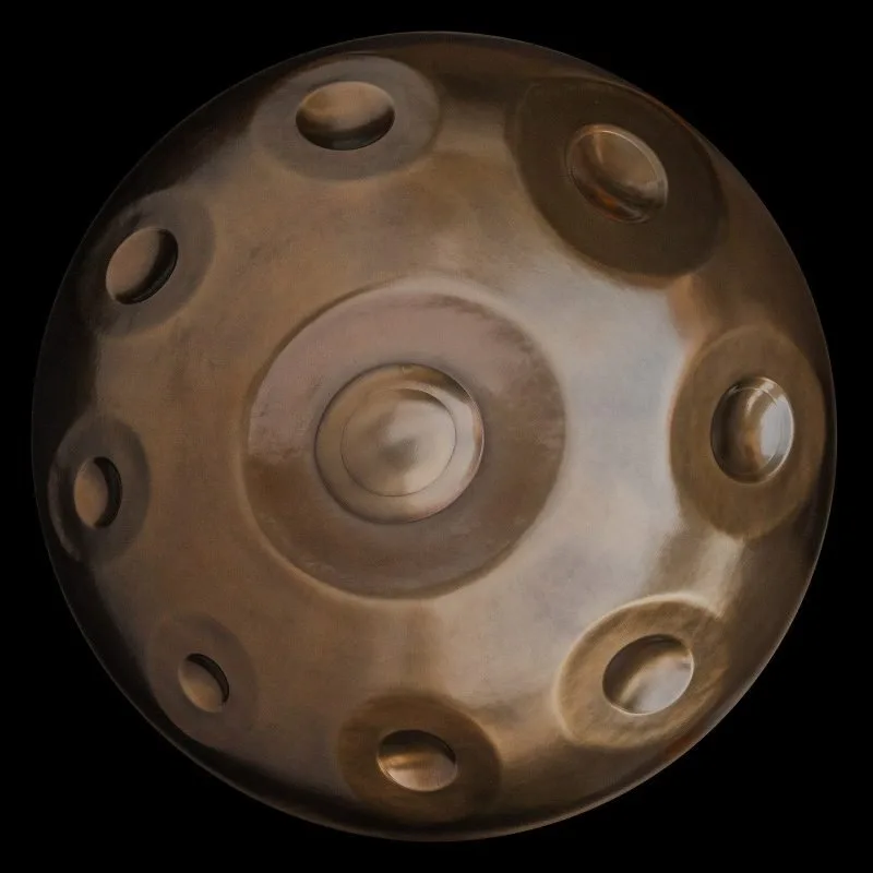 Handpan Yishama G2 Hijaz 18 vu de dessus sur fond noir : surface satinée brun bronze, le ding au centre et une douzaine de zones de notes visibles.